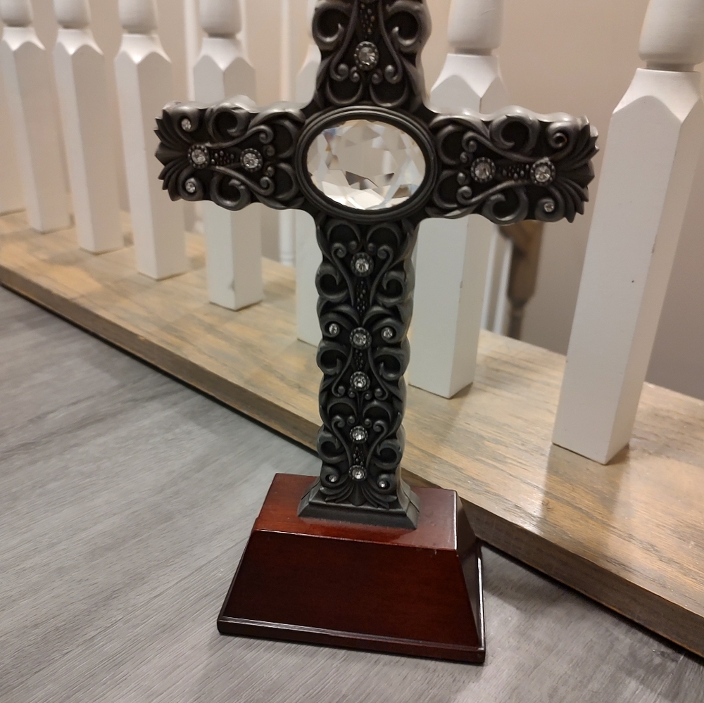 Royal Limited Silver Plated With Crystal Mounted On Cross with Wooden Base